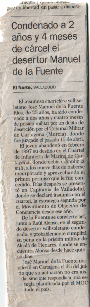Artículo de El Norte de Castilla que expone mi condena a 2 años y cuatro meses de cárcel.
