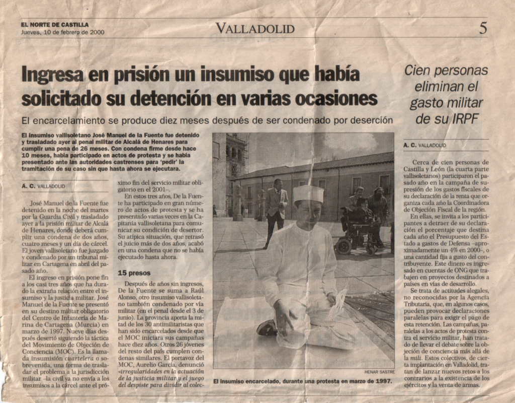 Noticia de prensa que expone mi ingreso en prisión en febrero del año 2000