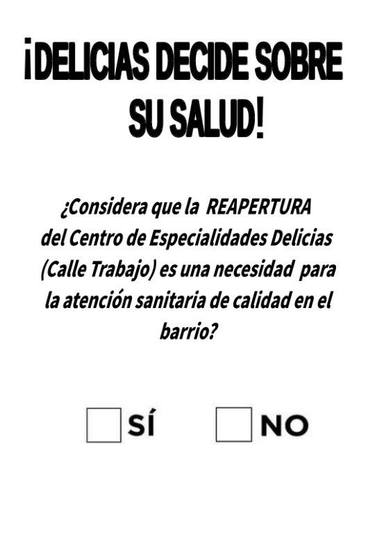 cartel sobre la consulta ciudadana por el centro de especialidades médicas de la calle Trabajo en Delicias, el 19 de octubre de 2019