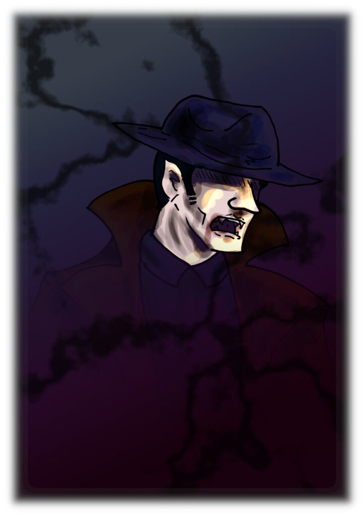 Portada del documento: en un entorno oscuro destaca la cara blanca de un vampiro tocado con un sombrero de ala ancha y que viste una capa